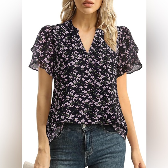 lotusmile Tops - Chic Black and Pink Floral Blouse